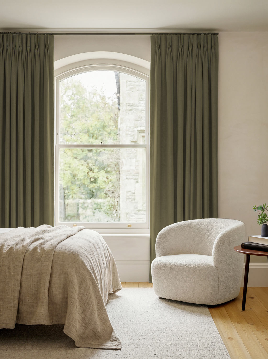 Pine Green 100% Linen Triple Pleat curtains. Bea Pine by Ada & Ina