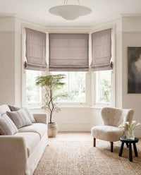 Pink Linen Bay window roman blinds for Living room and bedroom. Lined. Greta Orchid.