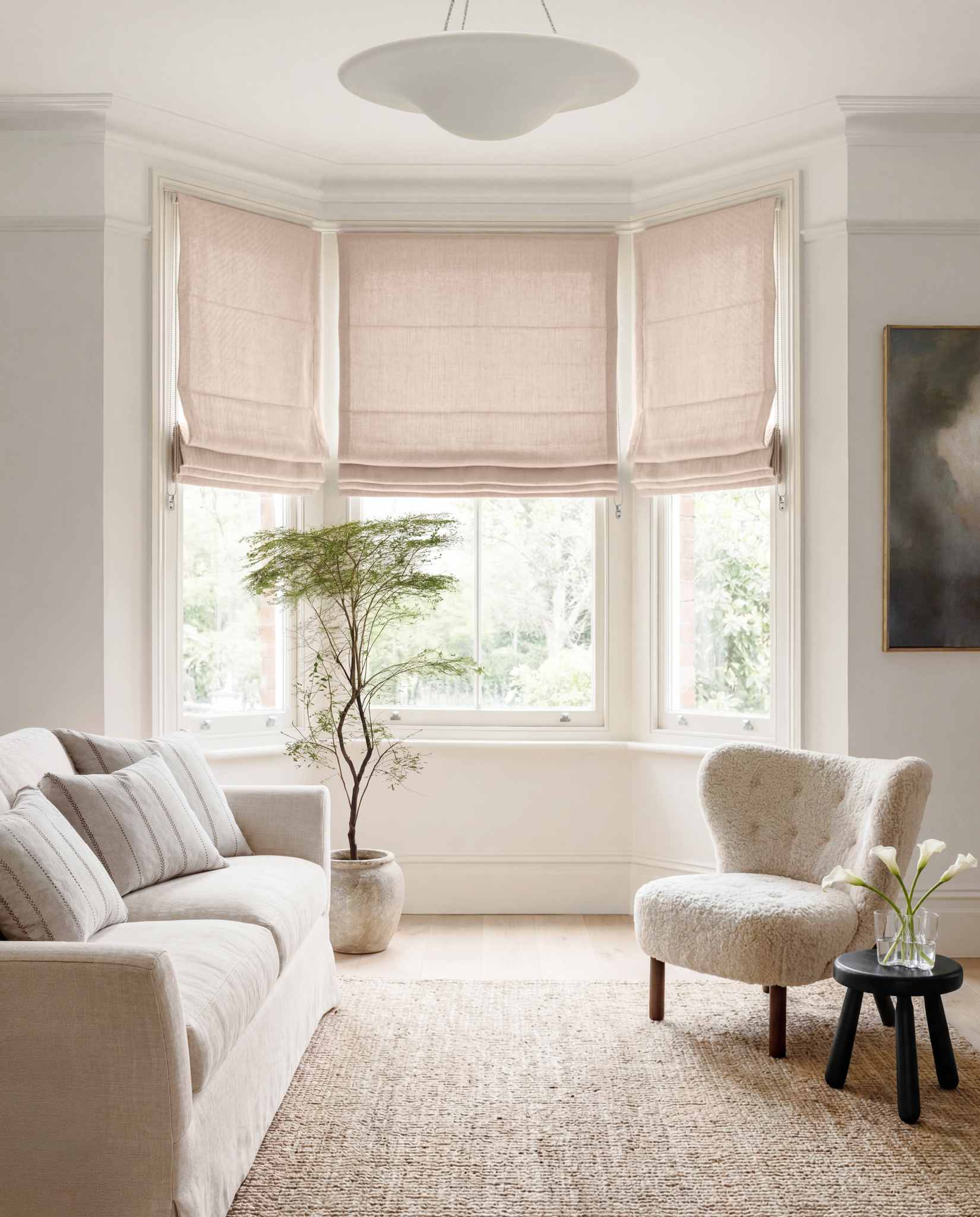 Pink Linen Bay window roman blinds for Living room and bedroom. Lined. Greta Rose Fog.