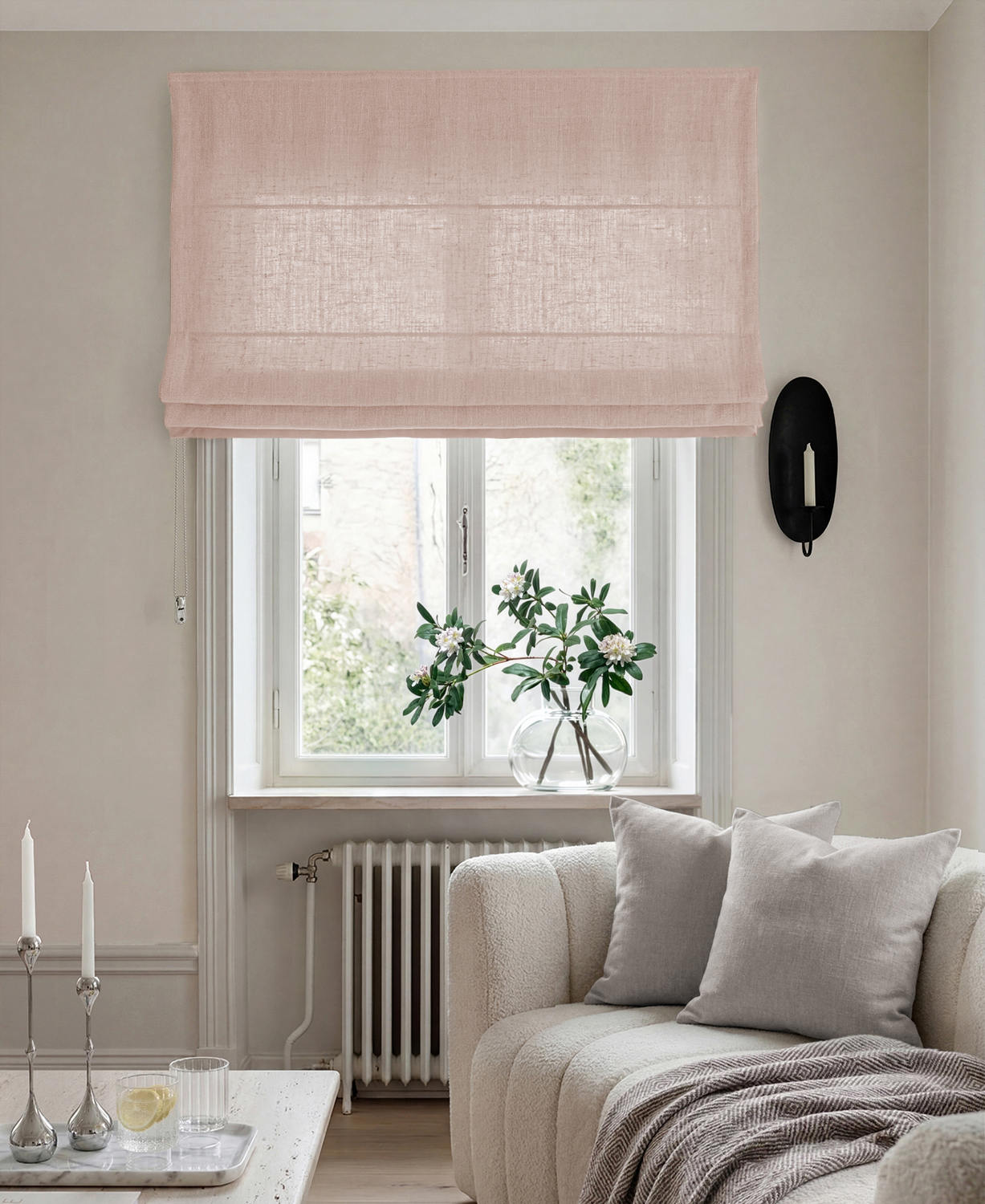 Pink 100% Linen Roman blind. Bea Powder Pink by Ada & Ina Fabrics