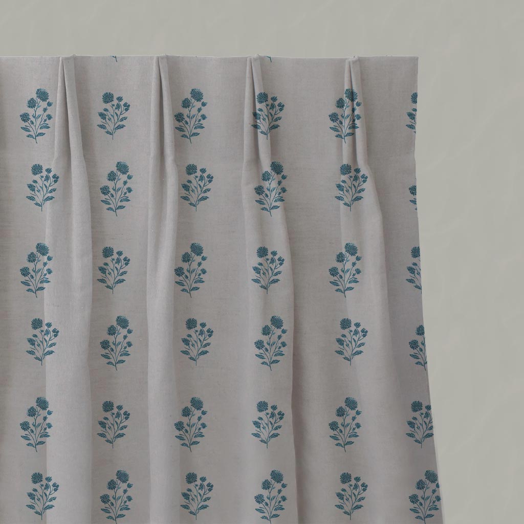 Blue Floral Linen Pleated Curtain - Cherie Blue Stone - Natural base fabric.