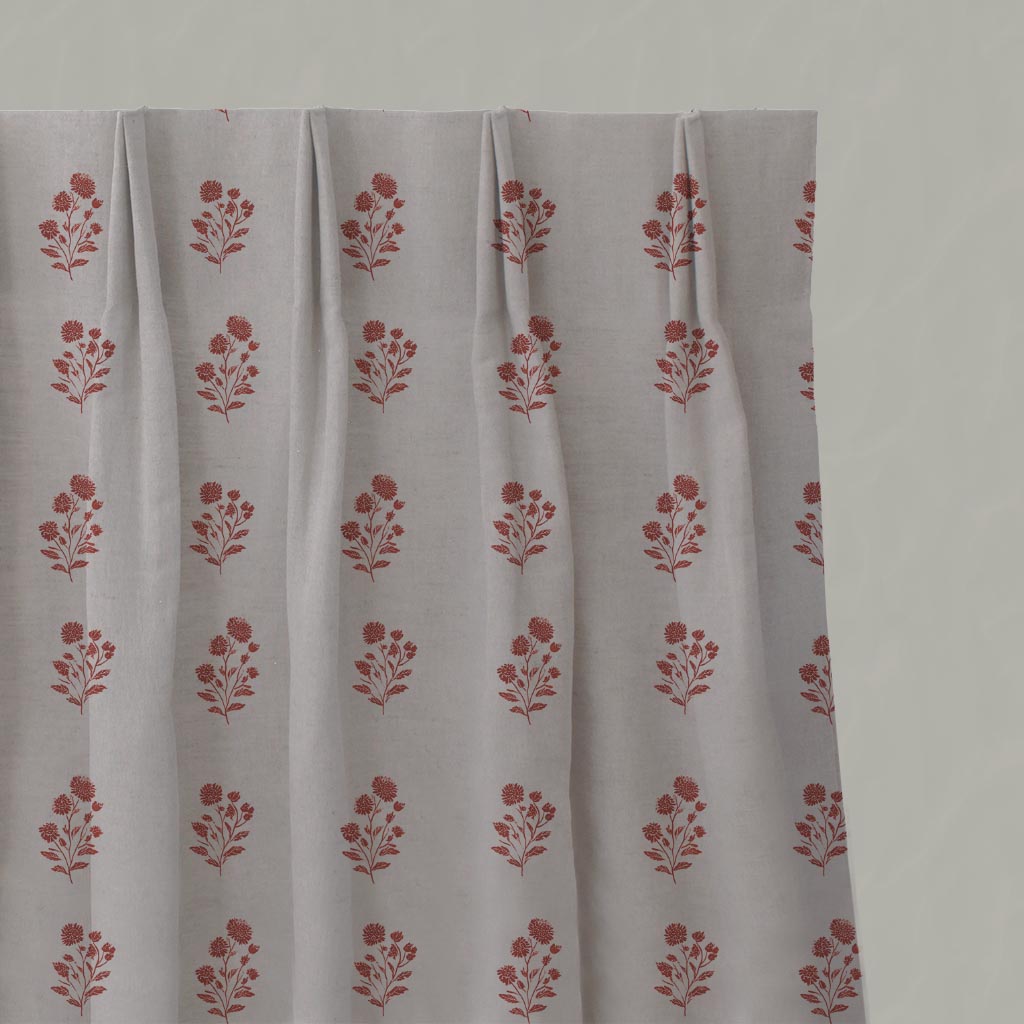 Red Floral Linen Pleated Curtain - Cherie Crimson Red - Natural base fabric.