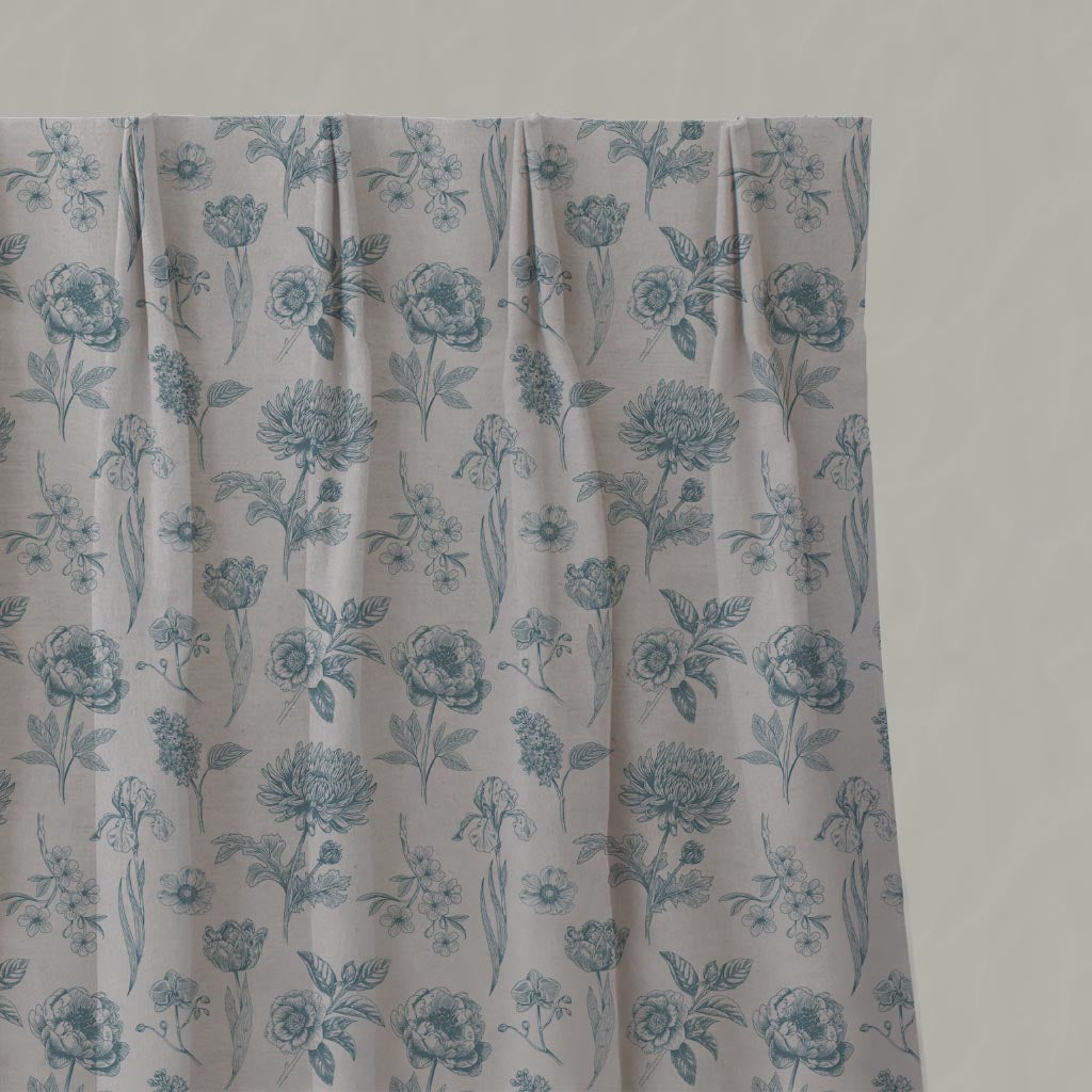 Blue Floral Linen Pleated Curtain - Cirian Paris Blue - Natural base fabric.