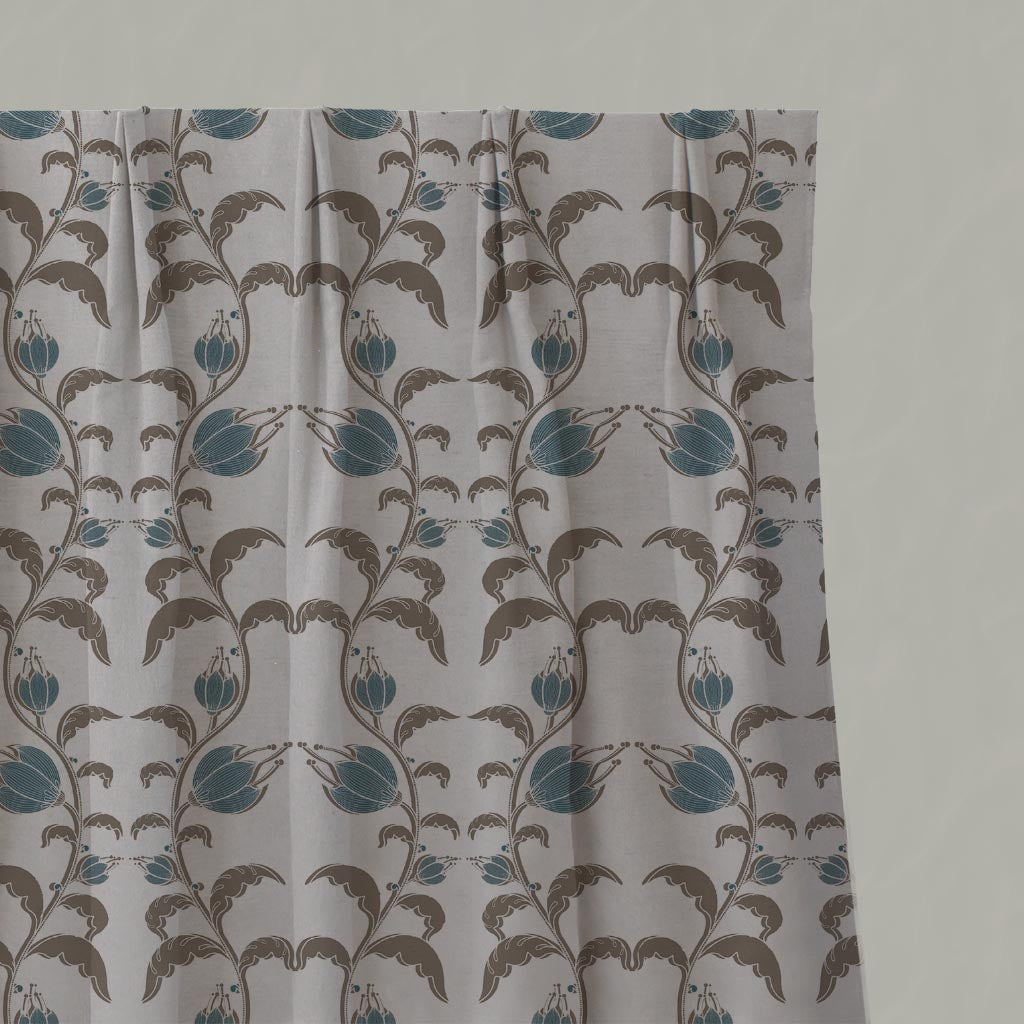 Blue and Brown Patterned Linen Gathered Curtain - Dana Blue Pebble  - Natural base fabric.