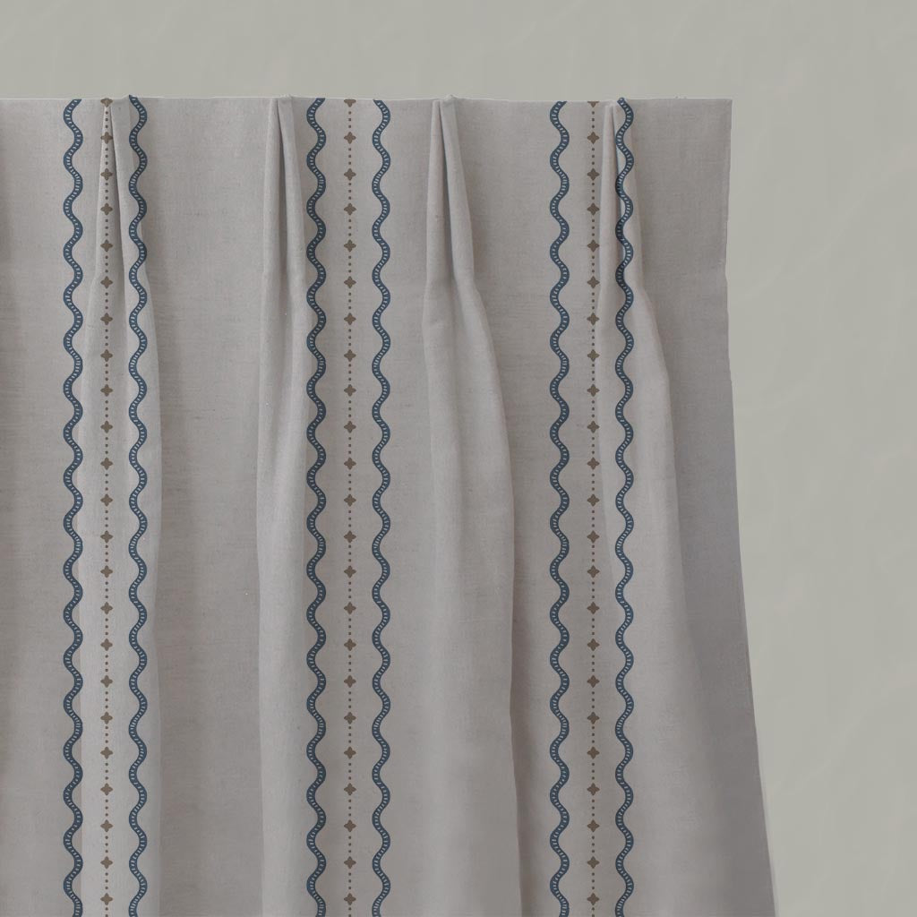 Blue and Brown Patterned Linen Gathered Curtain - Daphne Denim - Natural base fabric.