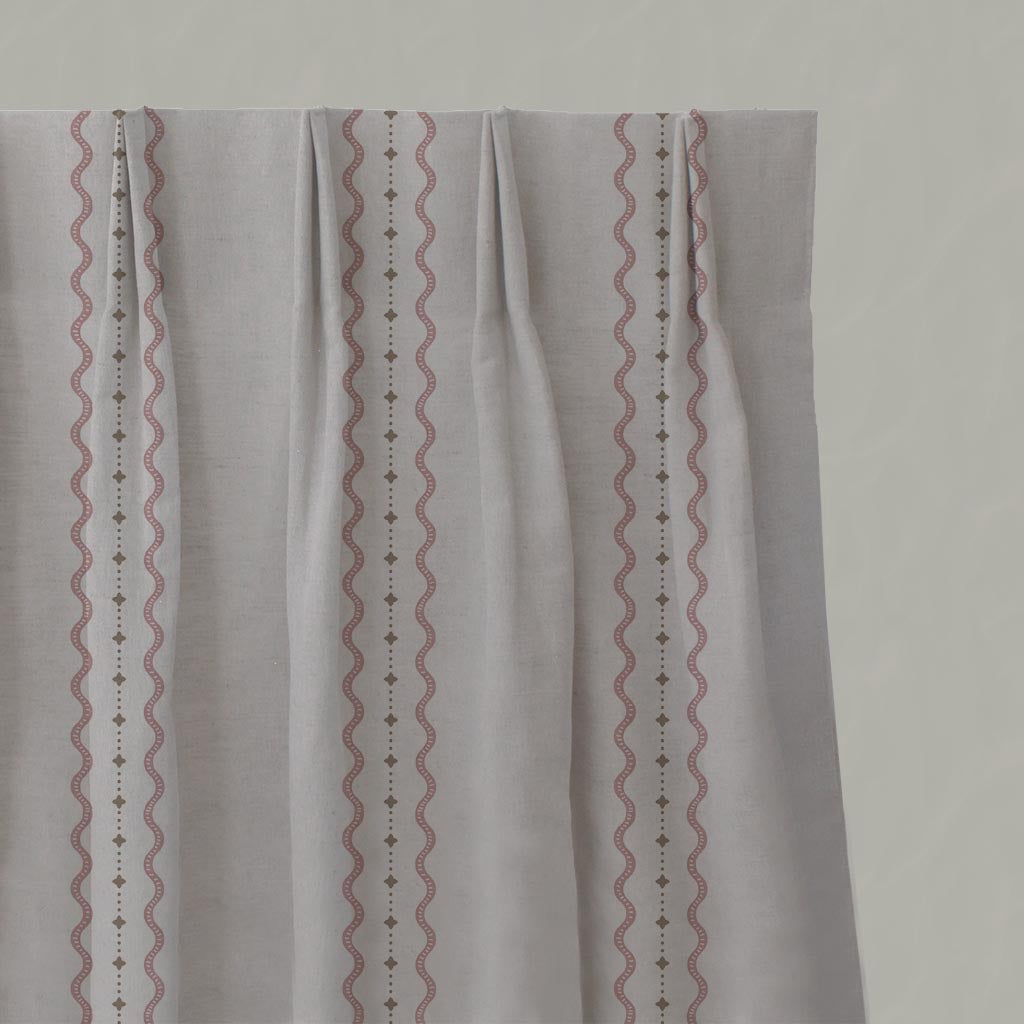 Pink and Brown Patterned Linen Pleated Curtain - Daphne Dusty Pink - Natural base fabric.