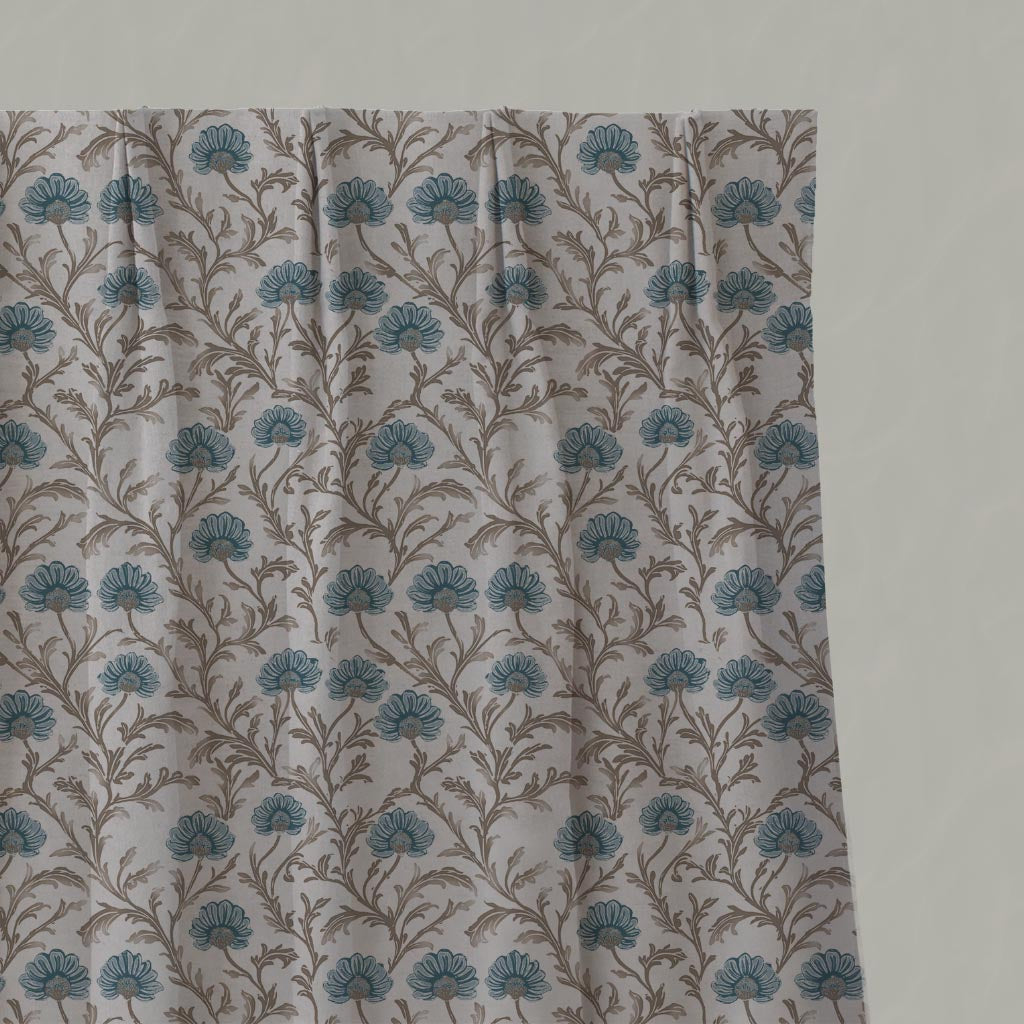 Blue Floral Linen Pleated Curtain - GoldMae Blue Stone - Natural base fabric.