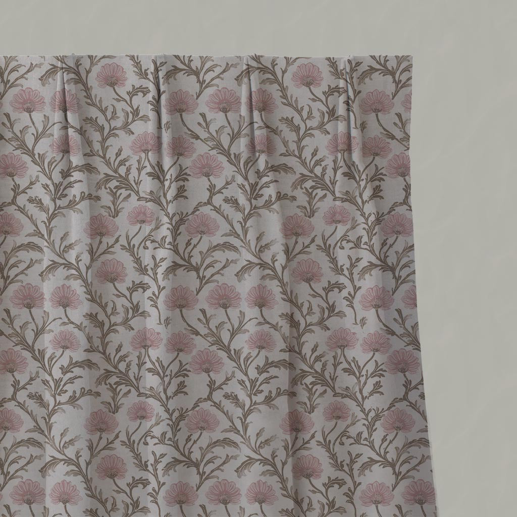 Pink Floral Linen Pleated Curtain - GoldMae Dusty Pink - Natural base fabric.