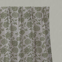 Green Floral Linen Pleated Curtain - Hulsey Khaki - Natural base fabric.