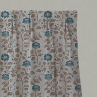 Blue Floral Linen Pleated Curtain - Islie Blue Stone - Natural base fabric.