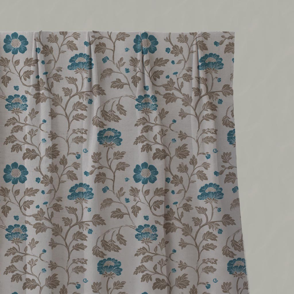 Blue Floral Linen Pleated Curtain - Islie Blue Stone - Natural base fabric.
