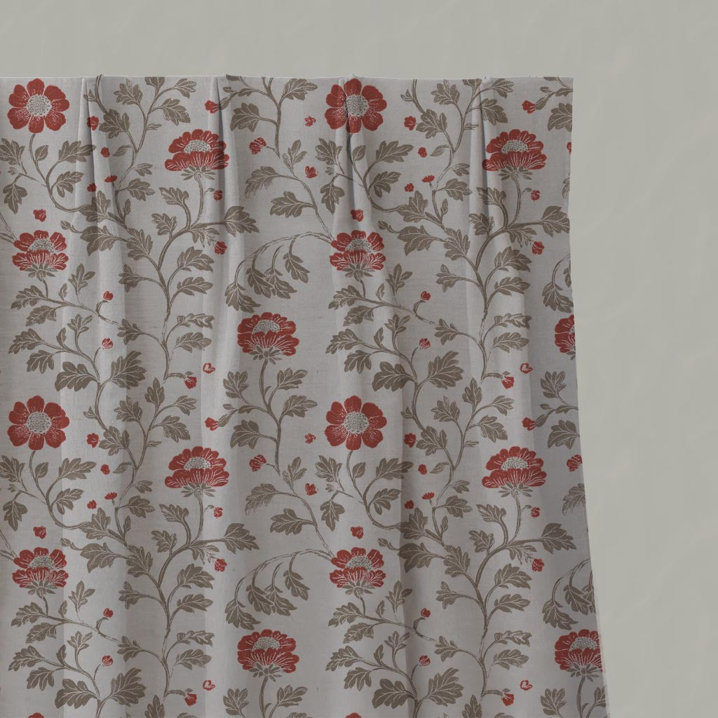Red Floral Linen Pleated Curtain - Islie Crimson Red - Natural base fabric.