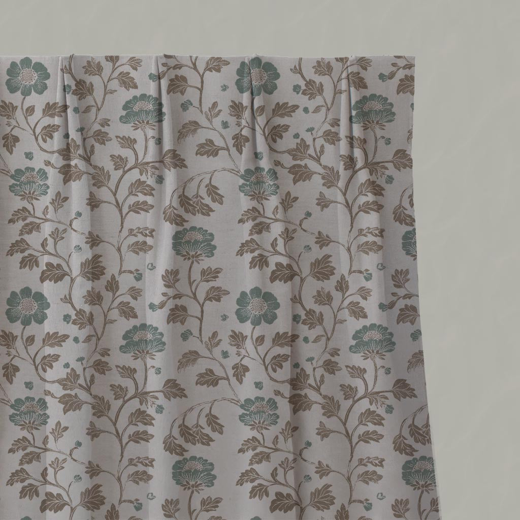 Light Green Floral Linen Pleated Curtain - Islie Sage - Natural base fabric.