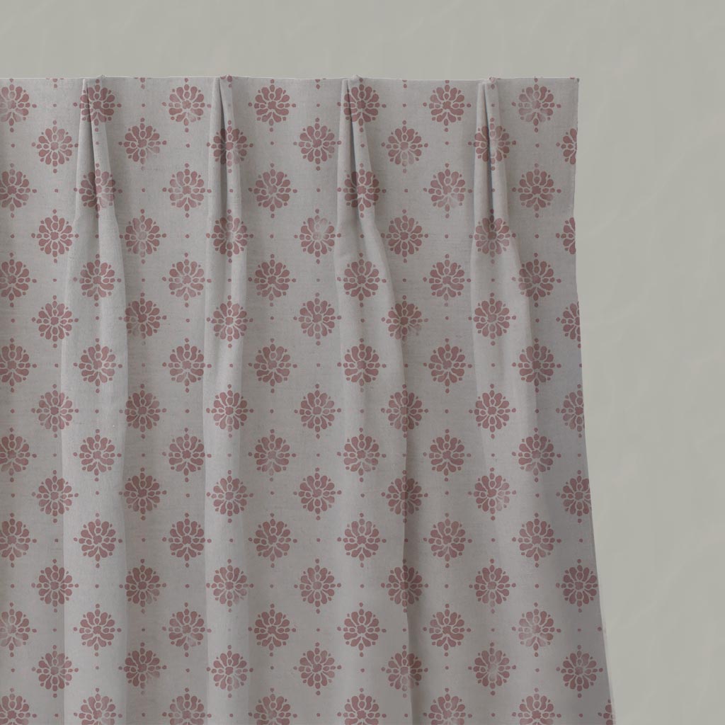 Pink Abstract Floral Linen Pleated Curtain - Lany Dusty Pink - Natural base fabric.