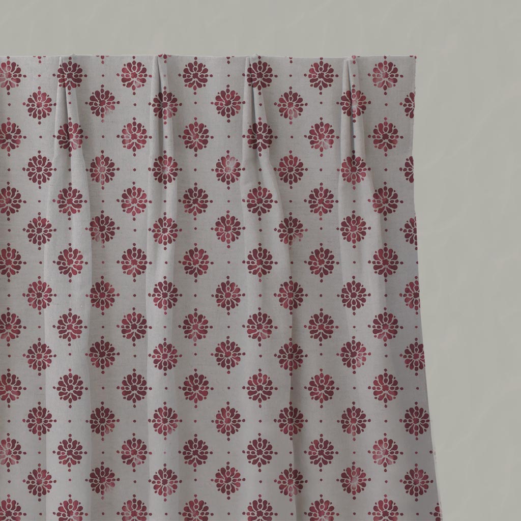 Red Abstract Floral Linen Plreated Curtain - Lany Wine  - Natural base fabric.