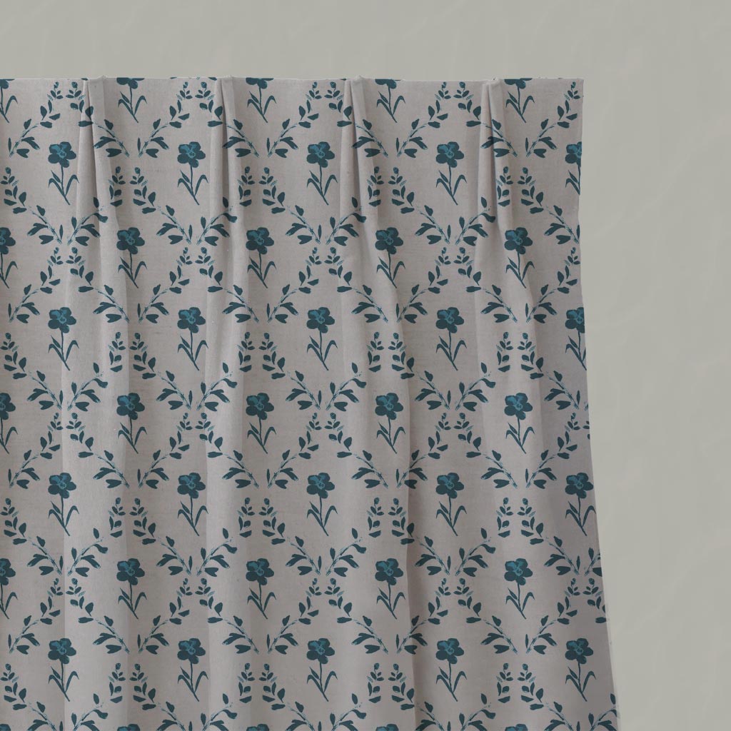 Blue Botanical Linen Pleated Curtain - Lulani Blue Stone - Natural base fabric.