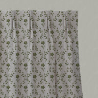 Green Botanical Linen Pleated Curtain - Lulani Khaki - Natural base fabric.