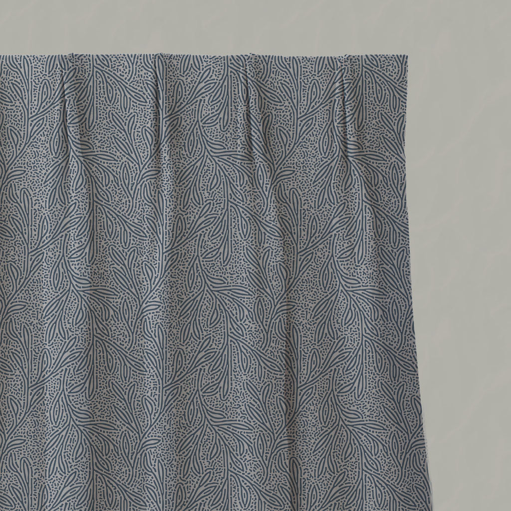 Blue Botanical Linen Pleated Curtains - Alma Denim - Natural base fabric.