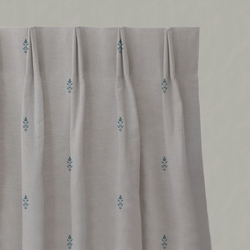 Blue Patterned Pleated Linen Curtains - Asli Marine - Natural base fabric.