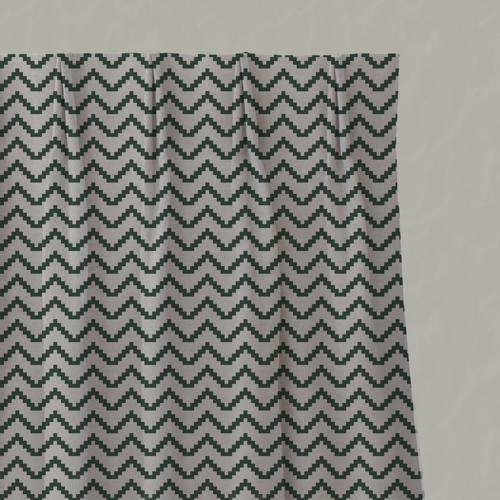 Green Patterned Linen Pleated Curtains - Azig Dark Pine - Natural base fabric.