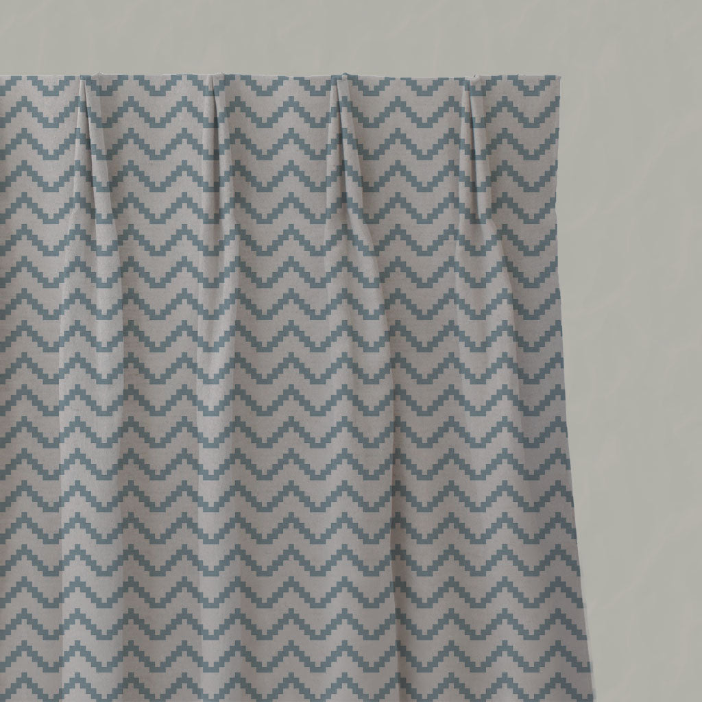 Blue Patterned Linen Pleated Curtains - Azig Sky - Natural base fabric.