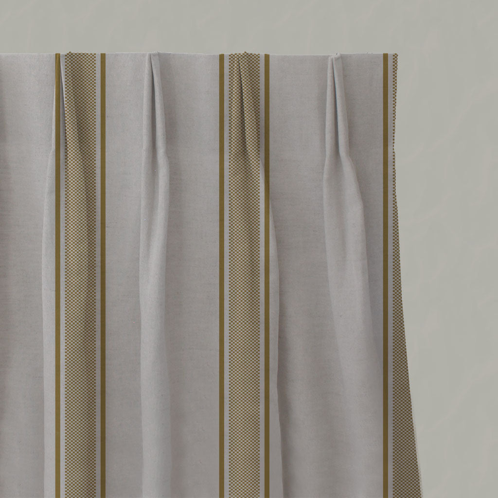 Yellow Striped Linen Pleated Curtains - Bella Gold Rod - Natural base fabric.