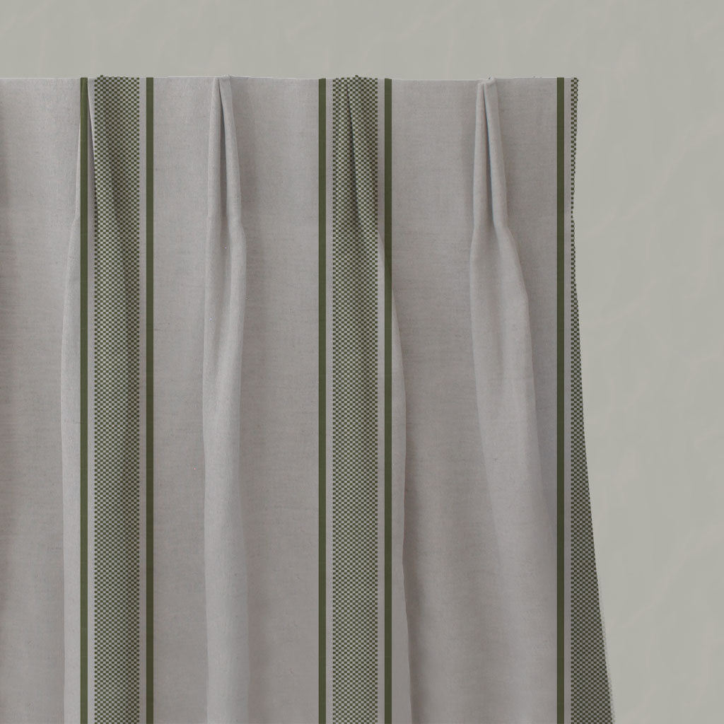 Green Striped Linen Pleated Curtains - Bella Khaki - Natural base fabric.