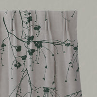 Green Botanical Linen Pleated Curtains - Berry Dark Pine - Natural base fabric.