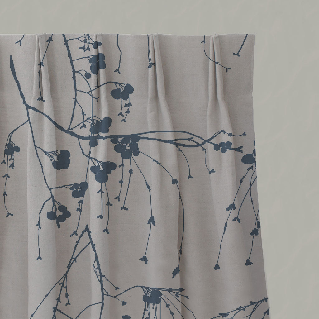 Blue Botanical Linen Pleated Curtains - Berry Denim - Natural base fabric.