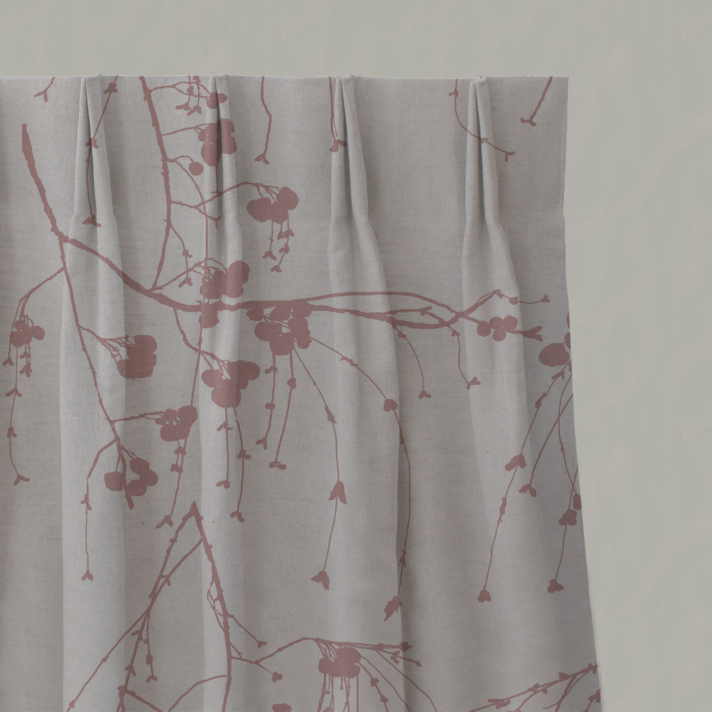 Pink Botanical Linen Pleated Curtains - Berry Dusty Pink - Natural base fabric.