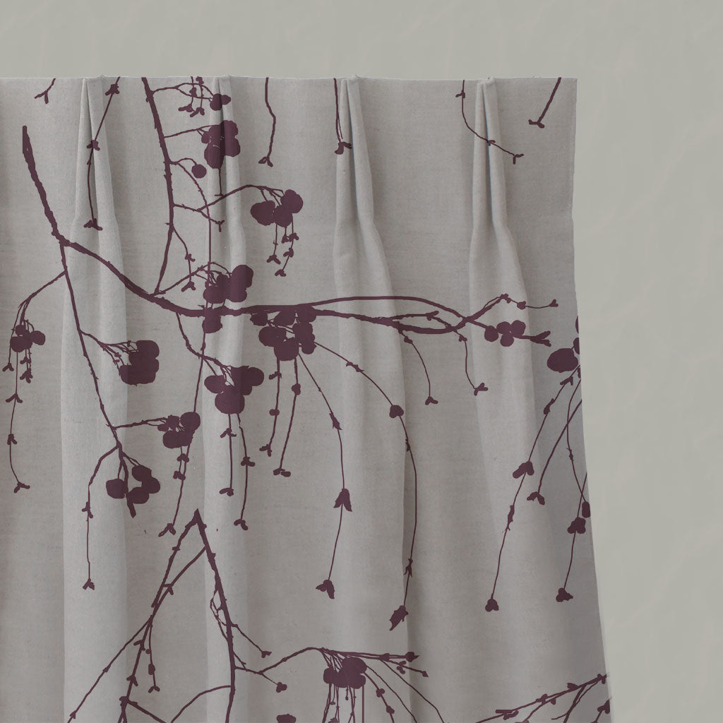 Purple Botanical Linen Pleated Curtains - Berry Grape - Natural base fabric.