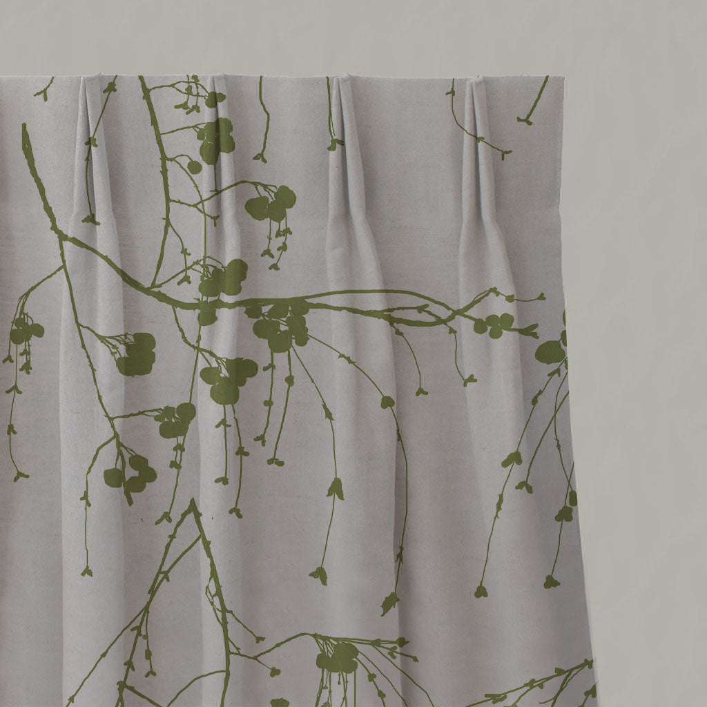Green Botanical Linen Pleated Curtains - Berry Leaf - Natural base fabric.