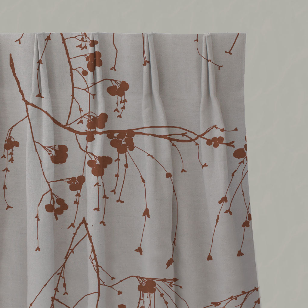 Orange Botanical Linen Pleated Curtains - Berry Terracotta - Natural base fabric.