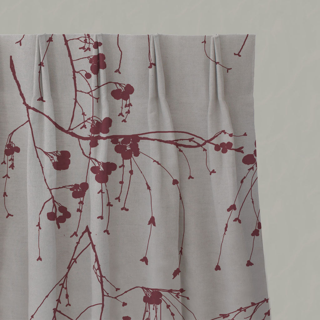 Red Botanical Linen Pleated Curtains - Berry Wine - Natural base fabric.