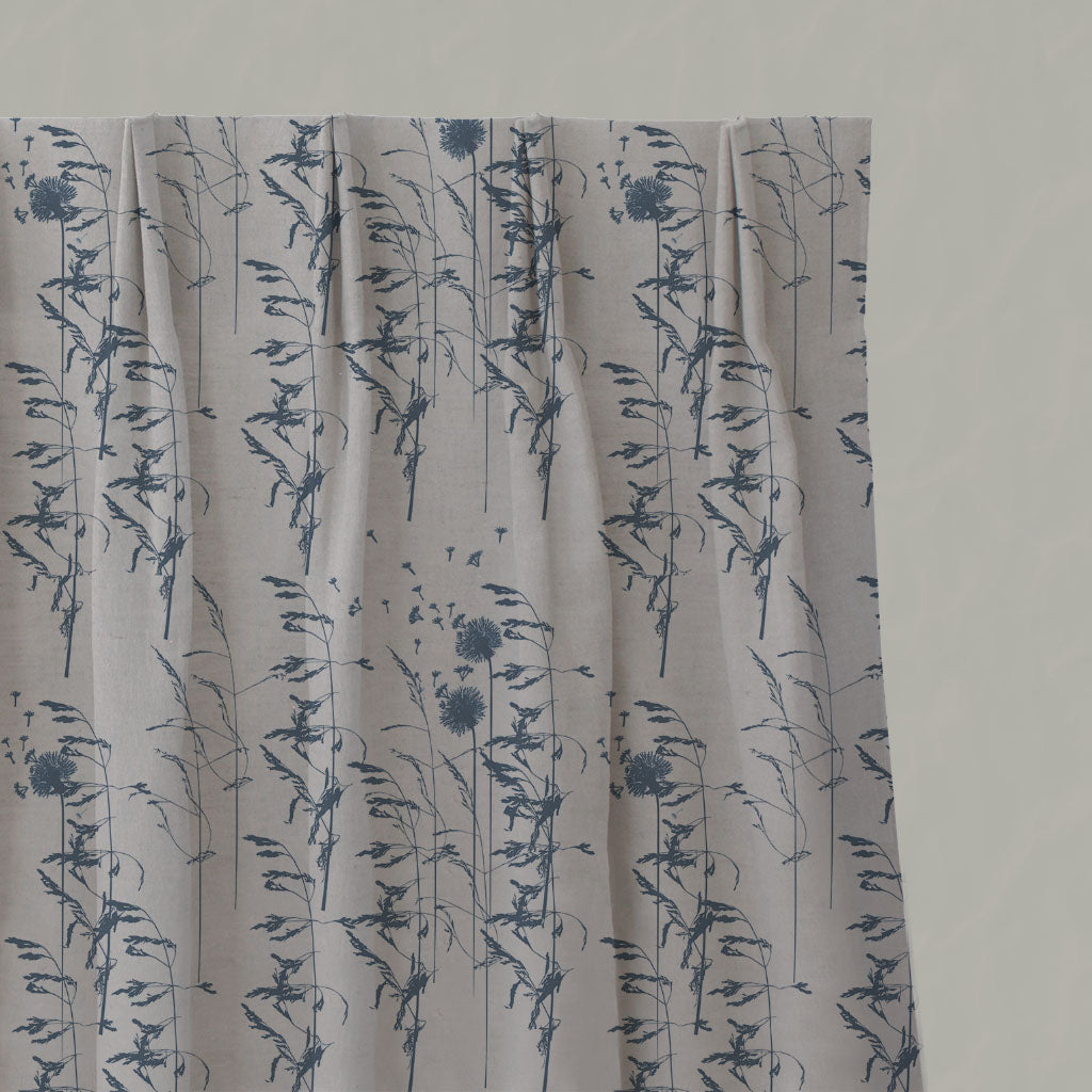 Blue Botanical Linen Pleated Curtains - Breeze Denim - Natural base fabric.