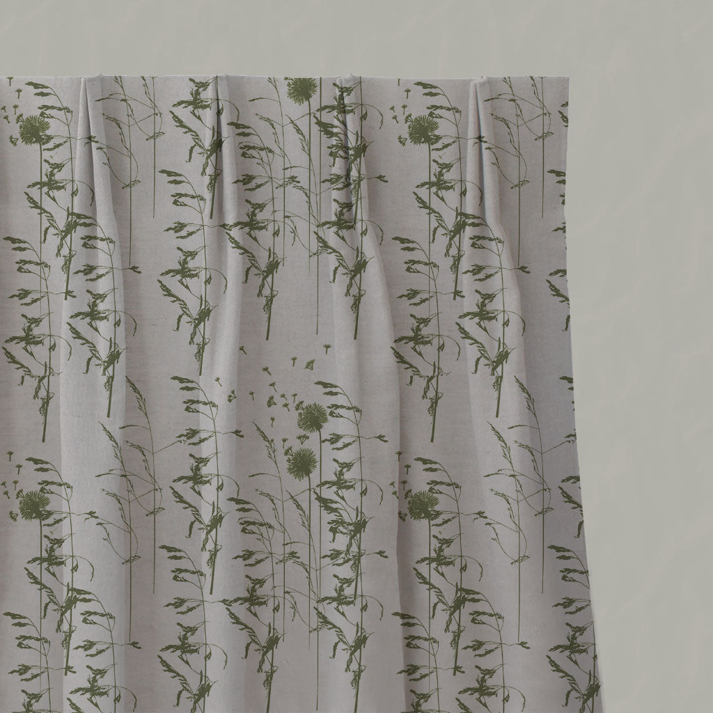 Green Botanical Linen Pleated Curtains - Breeze Khaki - Natural base fabric.