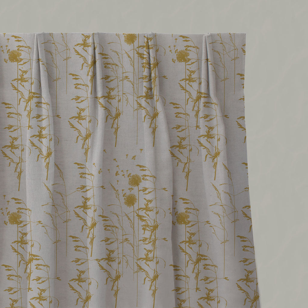 Yellow Botanical Linen Pleated Curtains - Breeze Mustard - Natural base fabric.