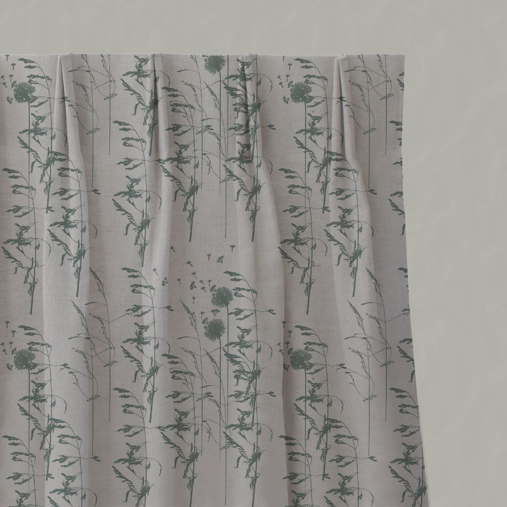 Green Botanical Linen Pleated Curtains - Breeze Sage - Natural base fabric.