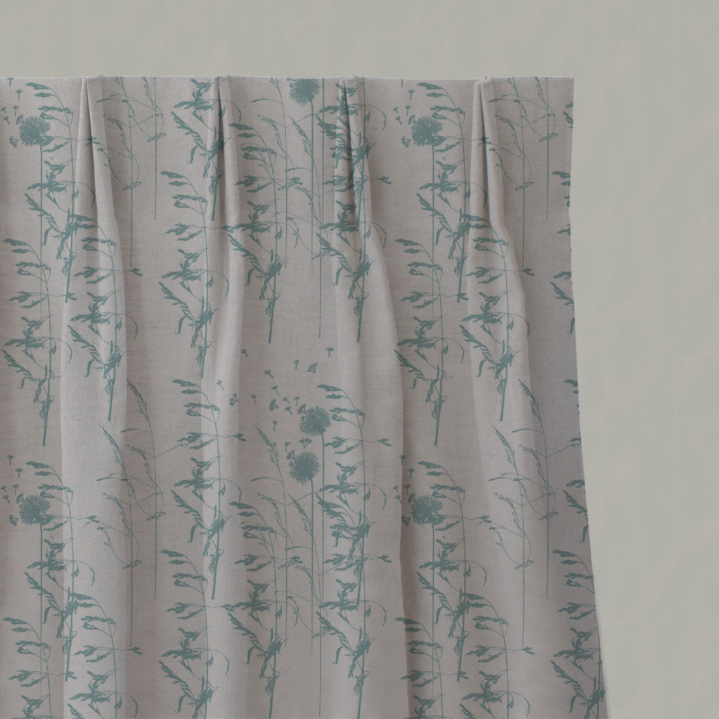 Blue Botanical Linen Pleated Curtains - Breeze Sea Breeze - Natural base fabric.