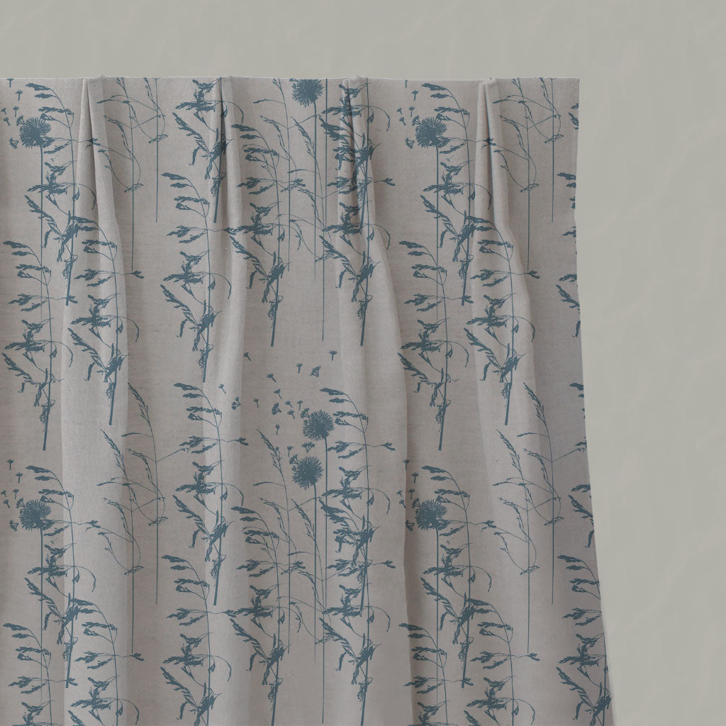 Blue Botanical Linen Pleated Curtains - Breeze True Blue - Natural base fabric.
