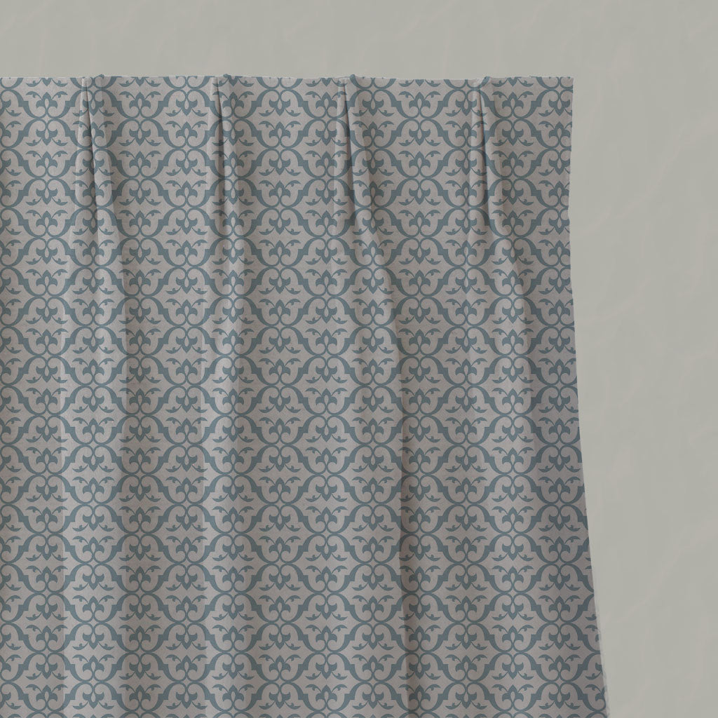 Blue Patterned Linen Pleated Curtains - Brita Sky - Natural base fabric.