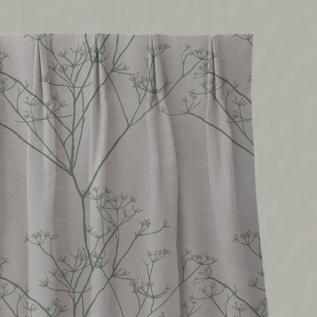 Green Floral Linen Pleated Curtains - Chervil Jade Mist - Natural base fabric.