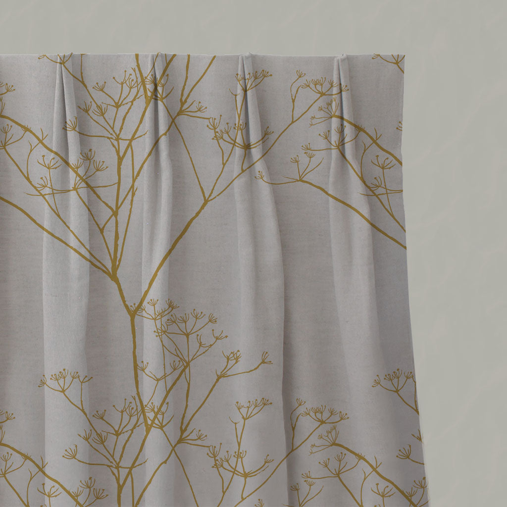 Yellow Floral Linen Pleated Curtains - Chervil Mustard - Natural base fabric.