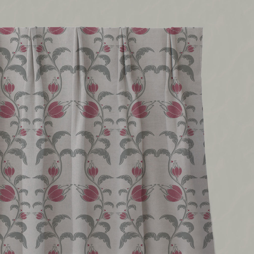Red Floral Linen Pleated Curtains - Dana Cherry - Natural base fabric.
