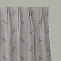 Blue Patterned Linen Pleated Curtains - Deer Blue Stone - Natural base fabric.