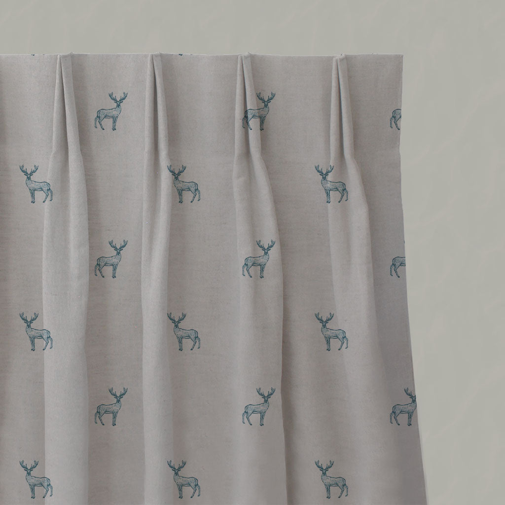 Blue Patterned Linen Pleated Curtains - Deer Blue Stone - Natural base fabric.