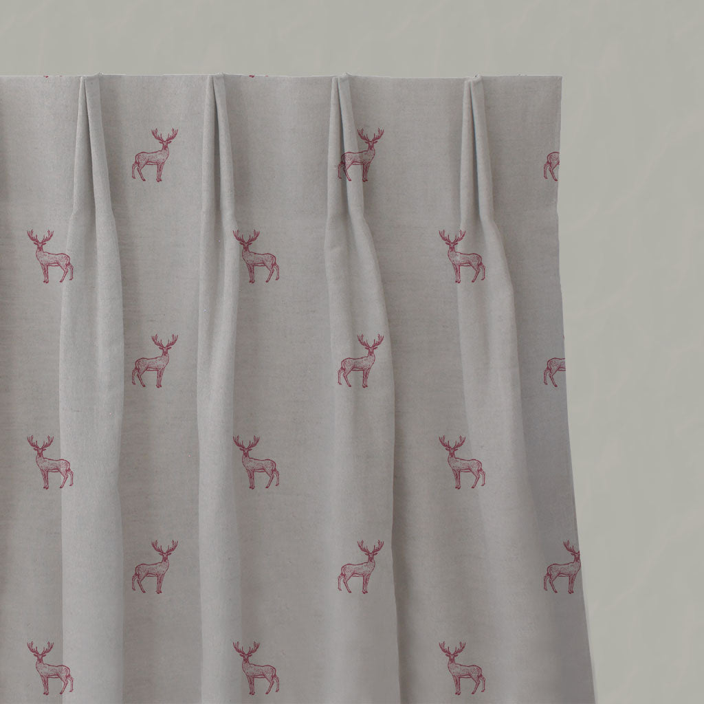 Red Patterned Linen Pleated Curtains - Deer Cherry - Natural base fabric.