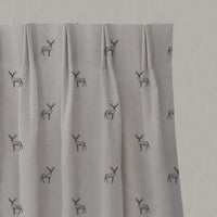 Black Patterned Linen Pleated Curtains - Deer Noir - Natural base fabric.