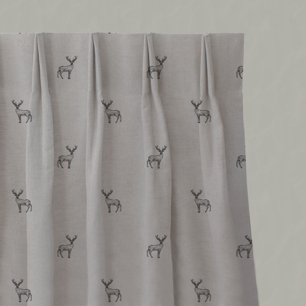 Black Patterned Linen Pleated Curtains - Deer Noir - Natural base fabric.