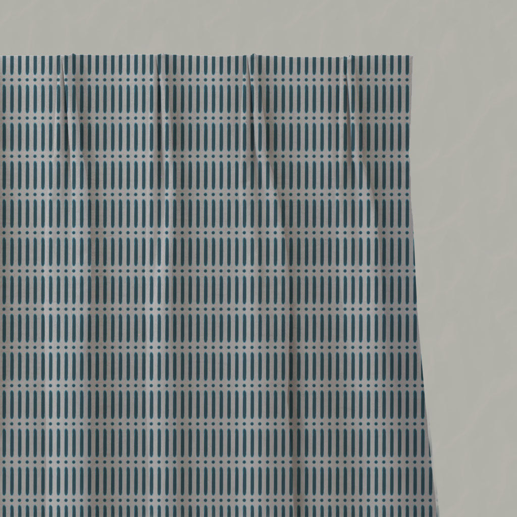 Blue Patterned Linen Pleated Curtains - Egenia Blue Stone - Natural base fabric.